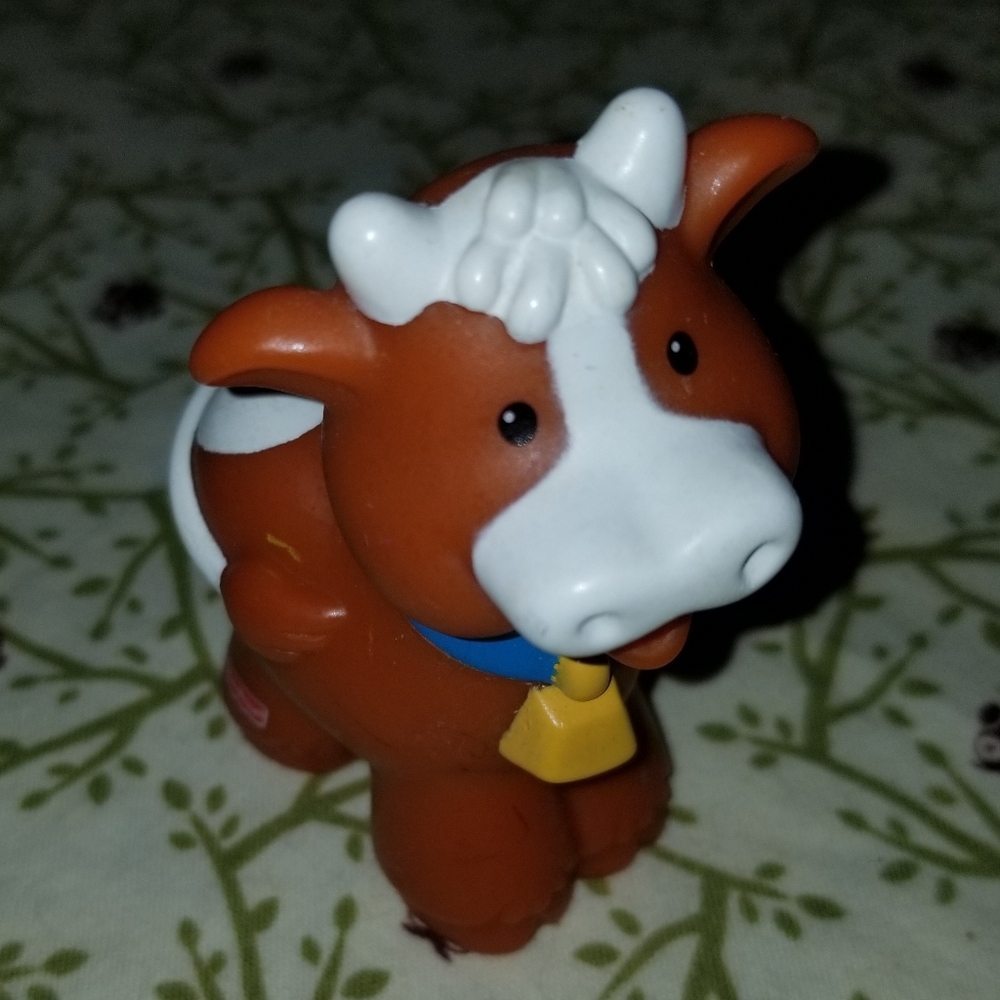 Little People Brown Tan Cow Blue Collar Gold Bell White Face And Horns